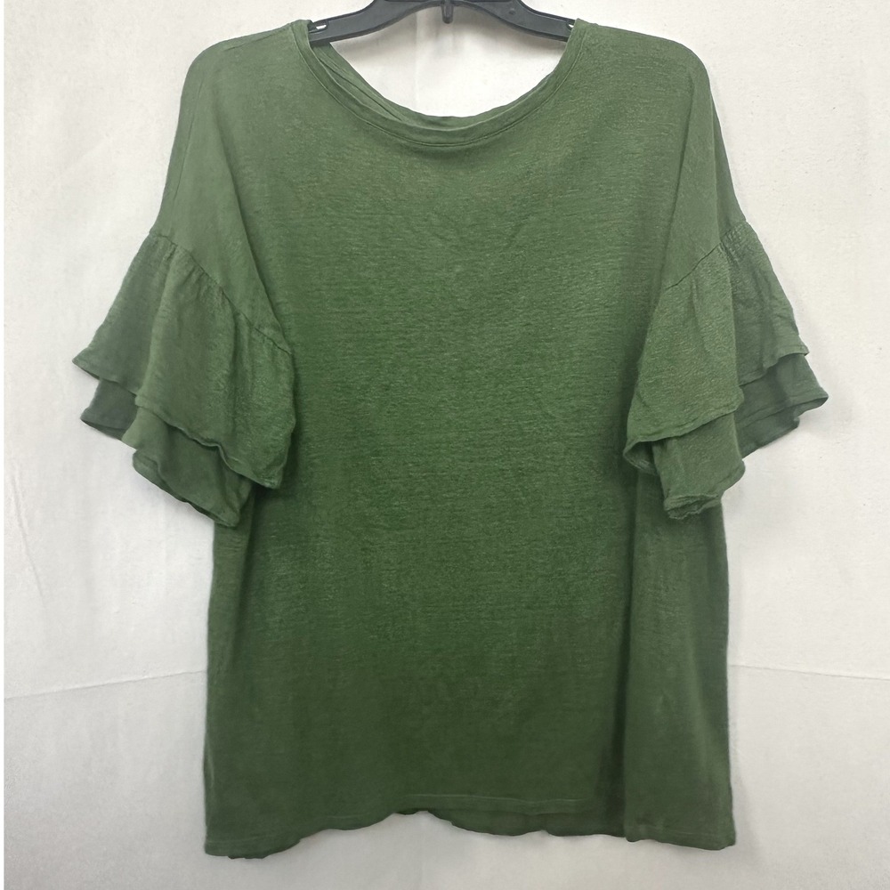 J. Jill Love Linen Lagenlook Cottagecore Moss Green Ruffle Sleeve Knit Top Sz L